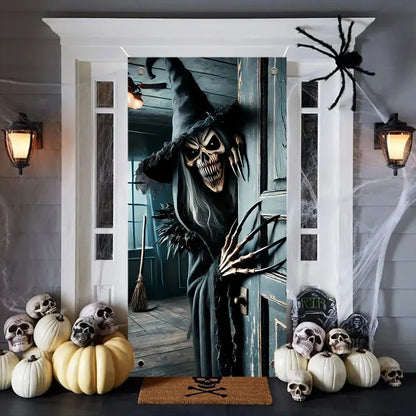 Décoration de porte d'Halloween, monstre squelette terrifiant ouvre la porte, adapté à la maison, à la cuisine, au porche, aux fêtes dans le jardin