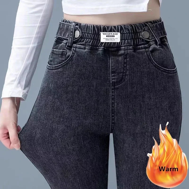Pantalon crayon en denim skinny épais pour femme, jean décontracté, doublé de velours en peluche, taille haute, coréen, chaud, commandé, hiver, nouveau