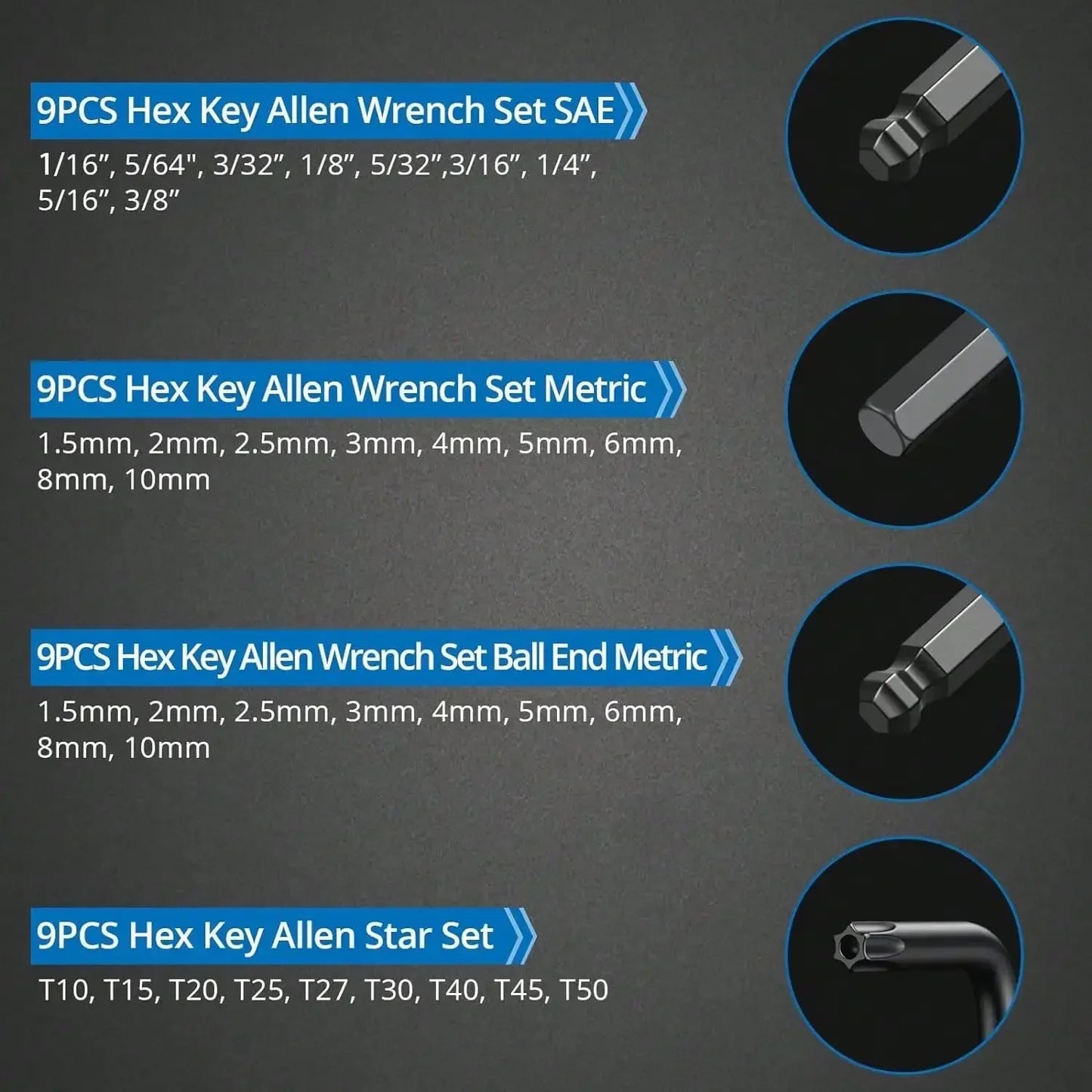 Jeu de clés Allen 6150CRV, 4 pièces, 36 pièces, extrémité sphérique longue, clé en L avec codage Visible pour vélo, réparation de meubles de Moto, bricolage domestique