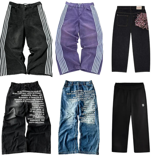 Hip Hop hommes jean Y2k noir rayé Baggy jean gothique brodé haute rue Harajuku rétro Streetwear jambe large Denim pantalon