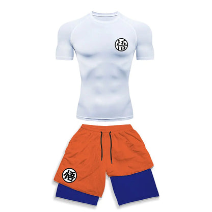 Chemise de Compression + short de gymnastique 2 pièces entraînement été Anime imprimé ensemble de Compression de gymnastique course Sport Fitness costume pour hommes vêtements de Sport
