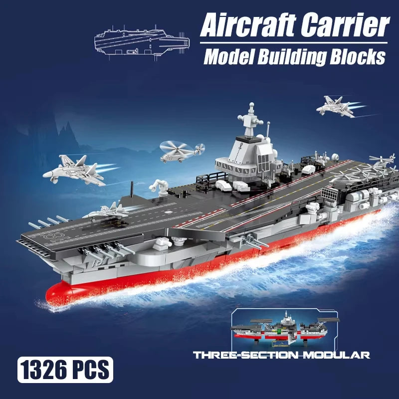 MOC – porte-avions de chasse, série militaire, blocs de construction, Kit de grande navire de guerre de la marine, briques, jouets de décoration pour la maison, cadeaux pour enfants