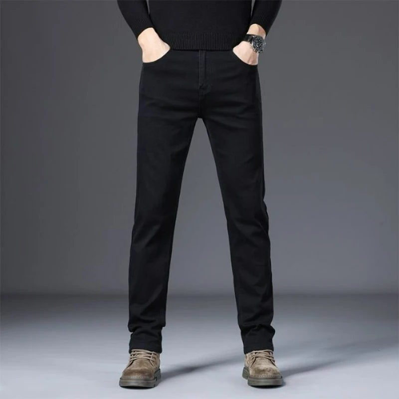 Nouveau Style jean noir hommes mince Style coréen confortable jambe droite élastique taille moyenne pantalon automne hiver pantalon Denim décontracté