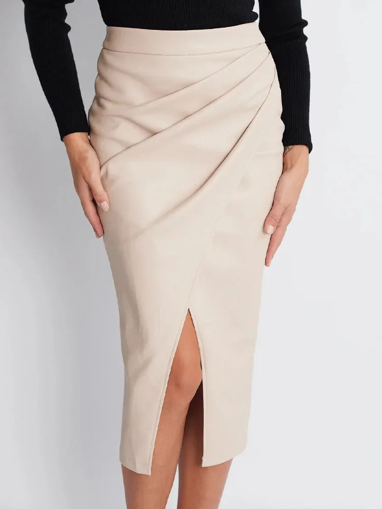 Jupe mi-longue en cuir PU pour femme, taille haute, fermeture éclair élégante, jupes fendues sur le devant, faux cuir noir, jupe pliée pour femme, automne