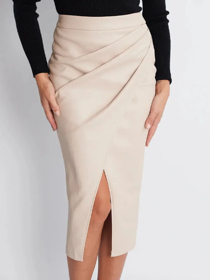 Jupe mi-longue en cuir PU pour femme, taille haute, fermeture éclair élégante, jupes fendues sur le devant, faux cuir noir, jupe pliée pour femme, automne