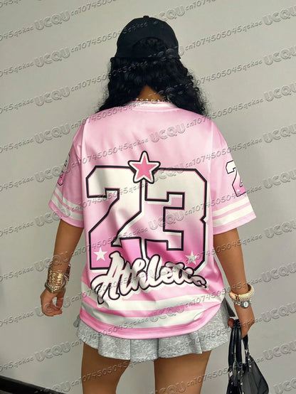 T-Shirt en Jersey imprimé numéro 23 rose pour femmes, col en v, sport, manches courtes, décontracté, voyage, Teey2k, vêtements à la mode, été