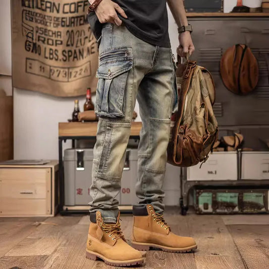 Jeans cargo stretch rétro pour hommes, pantalons décontractés, cône droit, mince, américain, lourd, marque de mode, printemps et automne