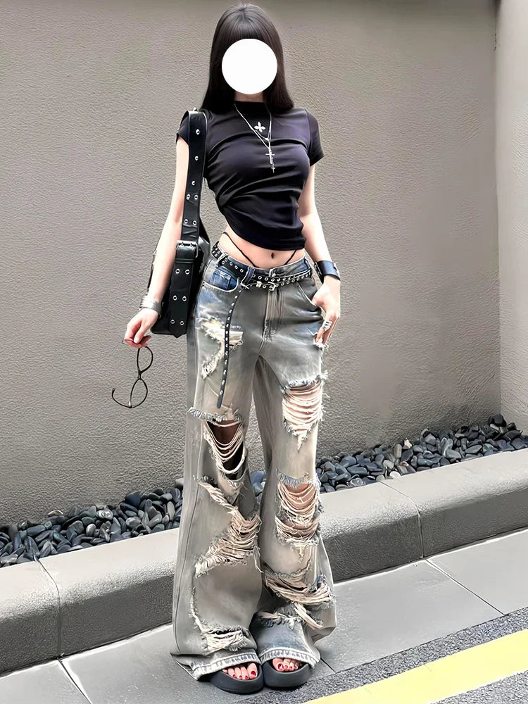 Jean déchiré délavé pour femmes, grande taille, gros mm, rétro américain, Spice Girl, pantalon ample à jambes larges, nouvelle collection été