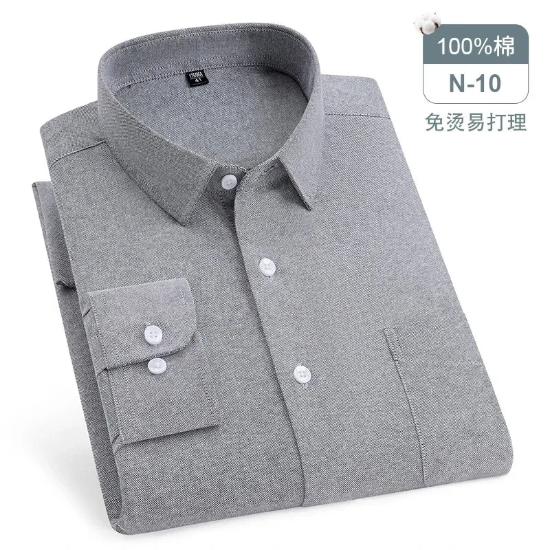 Chemise Oxford rayée à carreaux pour hommes, chemise sociale à manches longues, chemises de travail décontractées, poche, pur coton, qualité, S- 7XL, 8XL, 100%