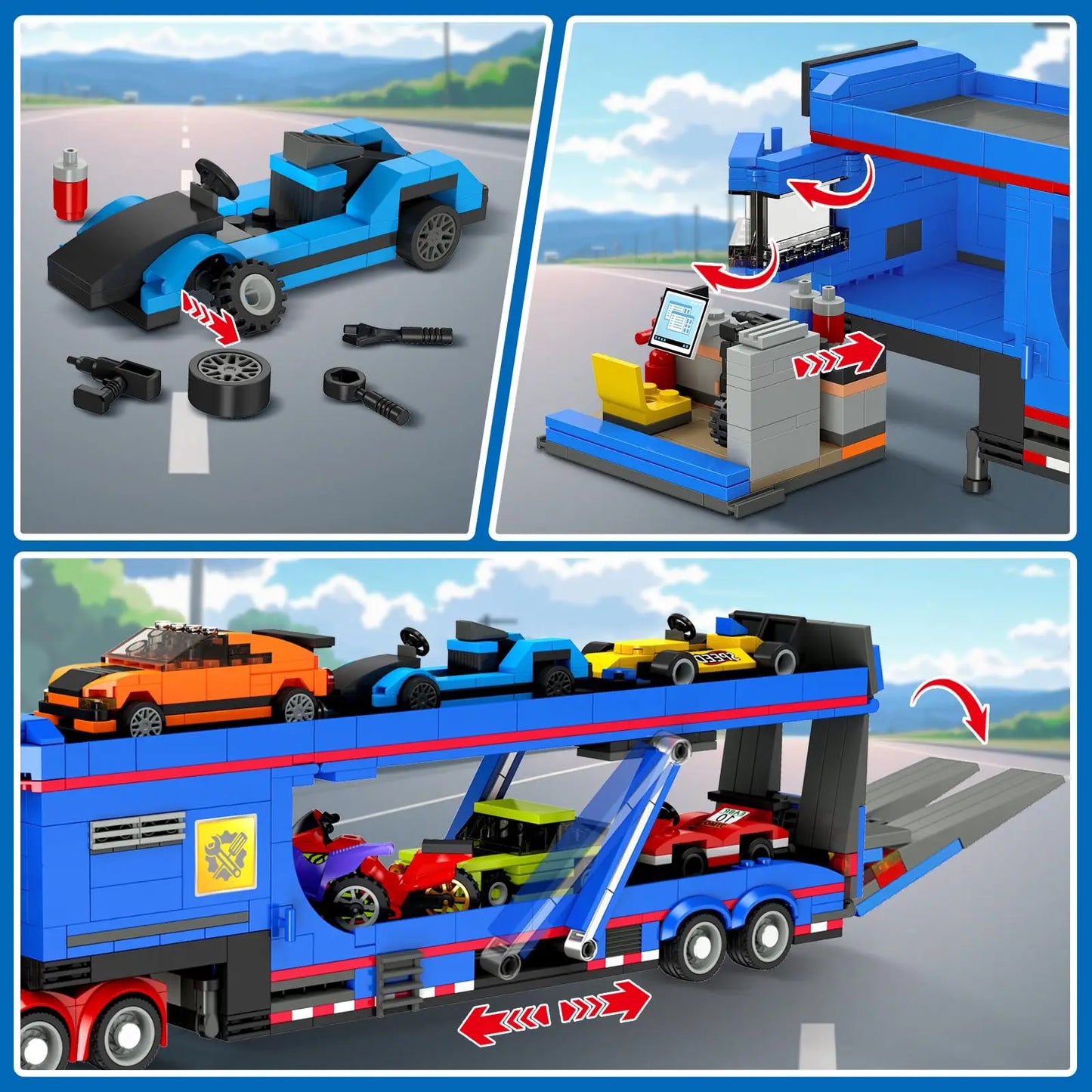 Ensemble de construction de camion transporteur de ville avec 7 voitures, semi-camion de remorquage à rampe de chargement réglable avec remorque transporteuse, jouet cadeaux pour enfants 8 +