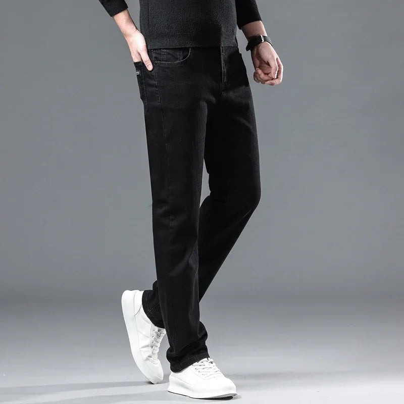 2025 nouveaux hommes d'hiver noir droit Stretch Denim épais velours pantalon chaud jean décontracté polaire ligne pantalon mâle grande taille