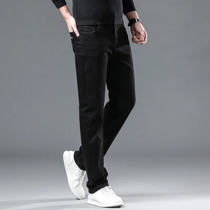2025 nouveaux hommes d'hiver noir droit Stretch Denim épais velours pantalon chaud jean décontracté polaire ligne pantalon mâle grande taille
