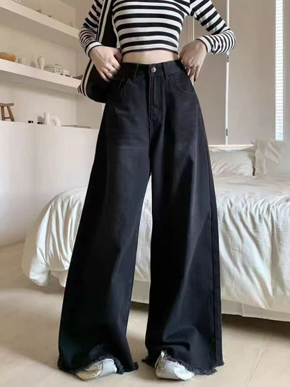 Automne printemps jambe large jean femmes Denim pantalon Vintage pantalon droit mode femme noir jean décontracté pantalon à jambes larges