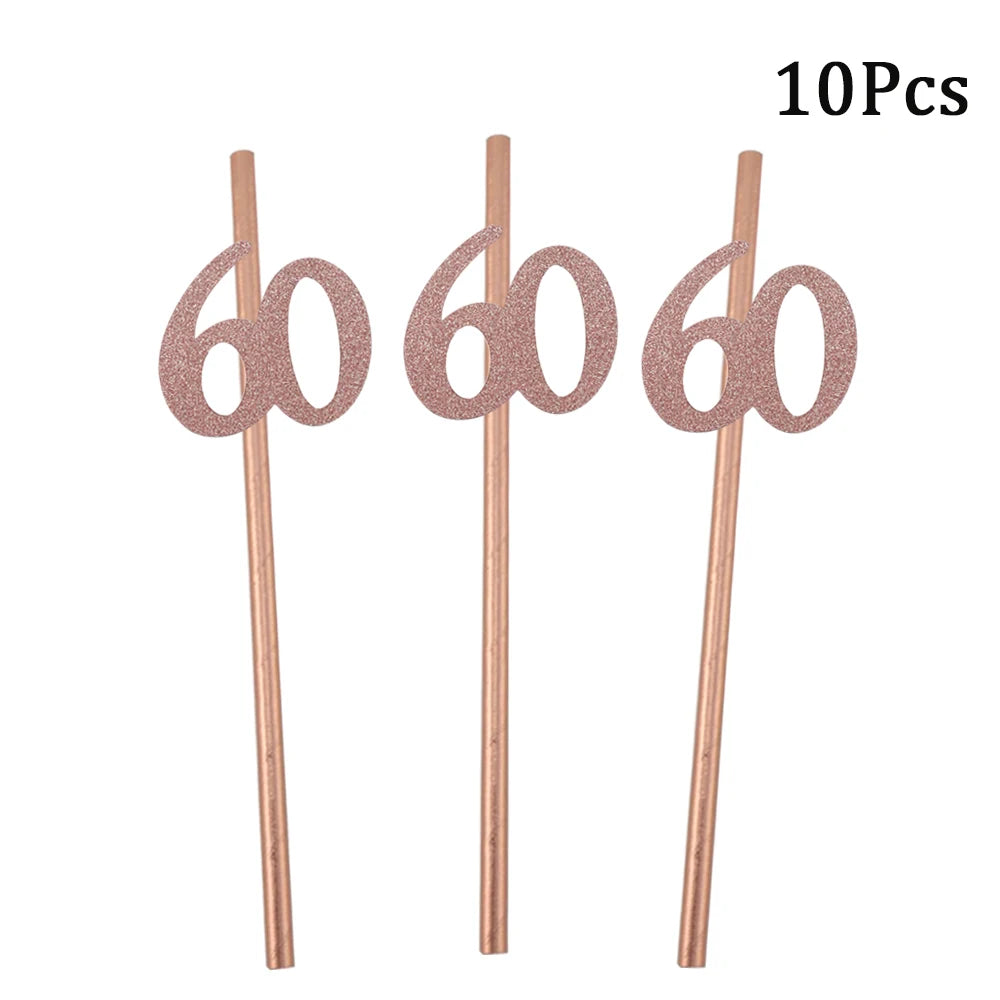 Pailles en papier à rayures dorées, 1 sac, numéro 30e 40e 50e 60e, lunettes à ceinture, pailles à boissons joyeux anniversaire pour adultes, décoration de fête en ballon
