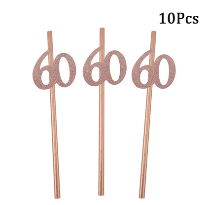 Pailles en papier à rayures dorées, 1 sac, numéro 30e 40e 50e 60e, lunettes à ceinture, pailles à boissons joyeux anniversaire pour adultes, décoration de fête en ballon