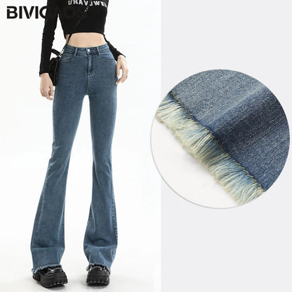 BIVIGAOS 2025 nouveau automne printemps Micro jean évasé femmes taille haute mince serré rétro gland ourlet Stretch Denim fer à cheval pantalon