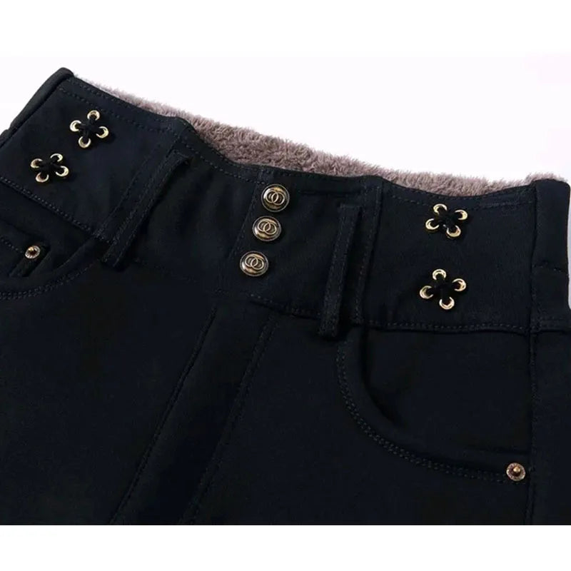 Jean taille haute élastique coréen avec peluche arctique, pantalon crayon droit noir mince, bouton solide, fermeture éclair, mode automne et hiver, nouveau