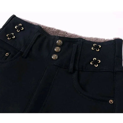 Jean taille haute élastique coréen avec peluche arctique, pantalon crayon droit noir mince, bouton solide, fermeture éclair, mode automne et hiver, nouveau