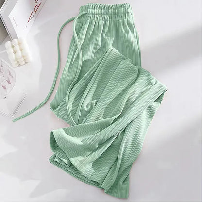 Pantalon droit en soie glacée pour femme, mode, taille haute, jambes larges, couleur unie, sensation d'affaissement, Baggy, décontracté, été