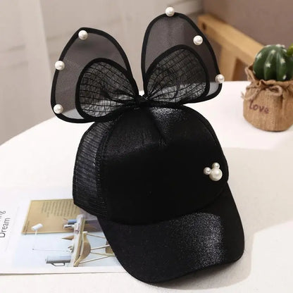 Casquette de baseball avec nœud papillon doux pour filles, grande maille, casquette à visière pour bébé, coton réglable, chapeaux de soleil pour tout-petits, été