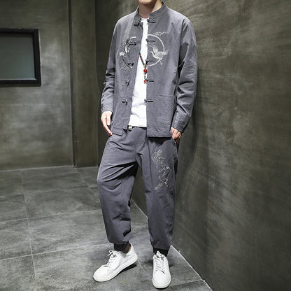 Ensemble deux pièces de style chinois pour hommes, chemise et pantalon, broderie, lin, coton trempé, décontracté, rétro, Kungfu, fjfu