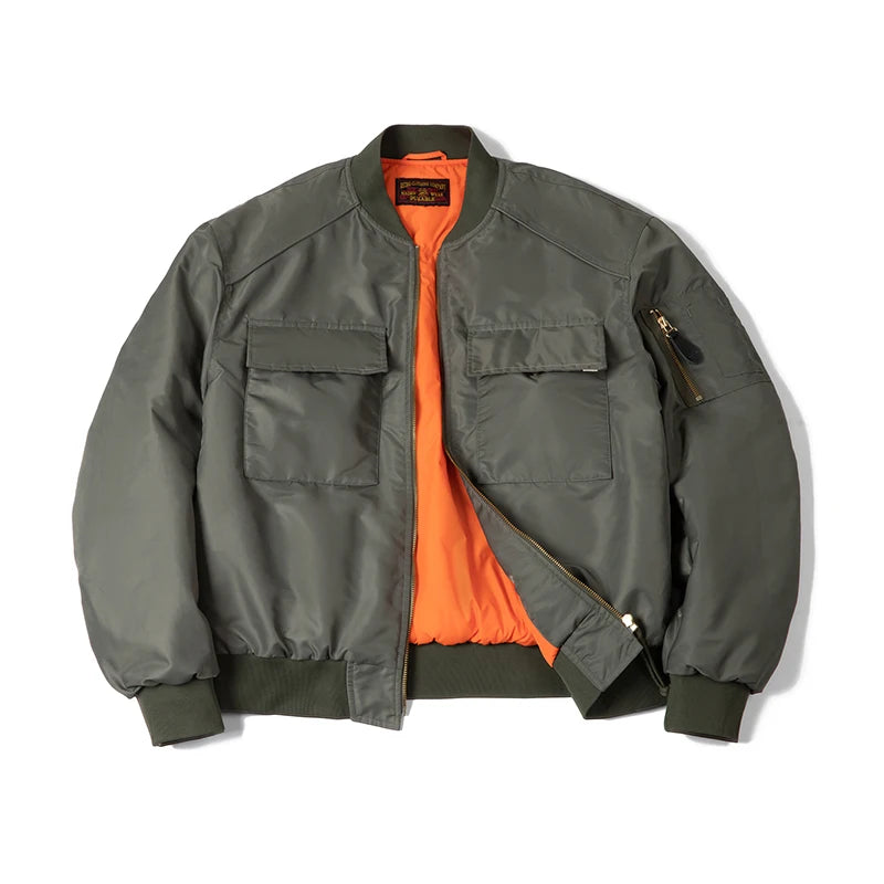 Maden Veste de bombardier MA1 pour hommes col de baseball doublure orange classique deux poches veste de baseball chaude pour l'automne et l'hive