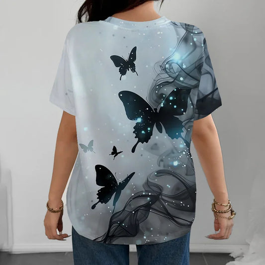 Mystérieuse Starlight rêveur papillon brillant T-shirt femme décontracté ample confortable gris manches courtes