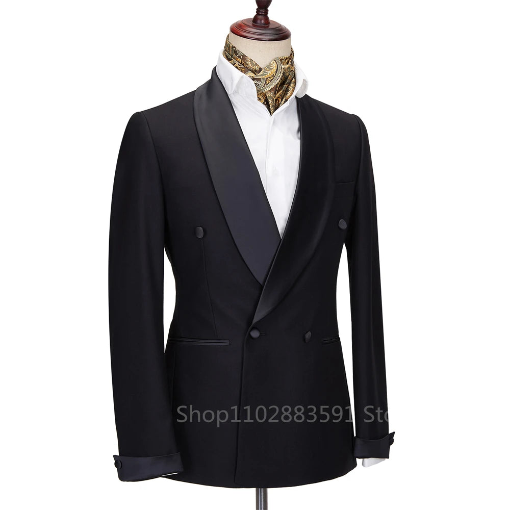 Smoking à revers en satin noir imbibé pour hommes, double boutonnage, châle de mariage, costume de fête, vêtements pour hommes, marié, nouveau, 2024, 2 pièces