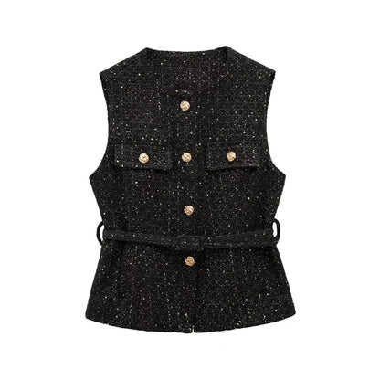 TRAFNLZGMSJ 2025 printemps femmes gilet haut à la mode avec ceinture coupe ajustée sans manches veste haut pour femmes Texture gilet haut nouveau