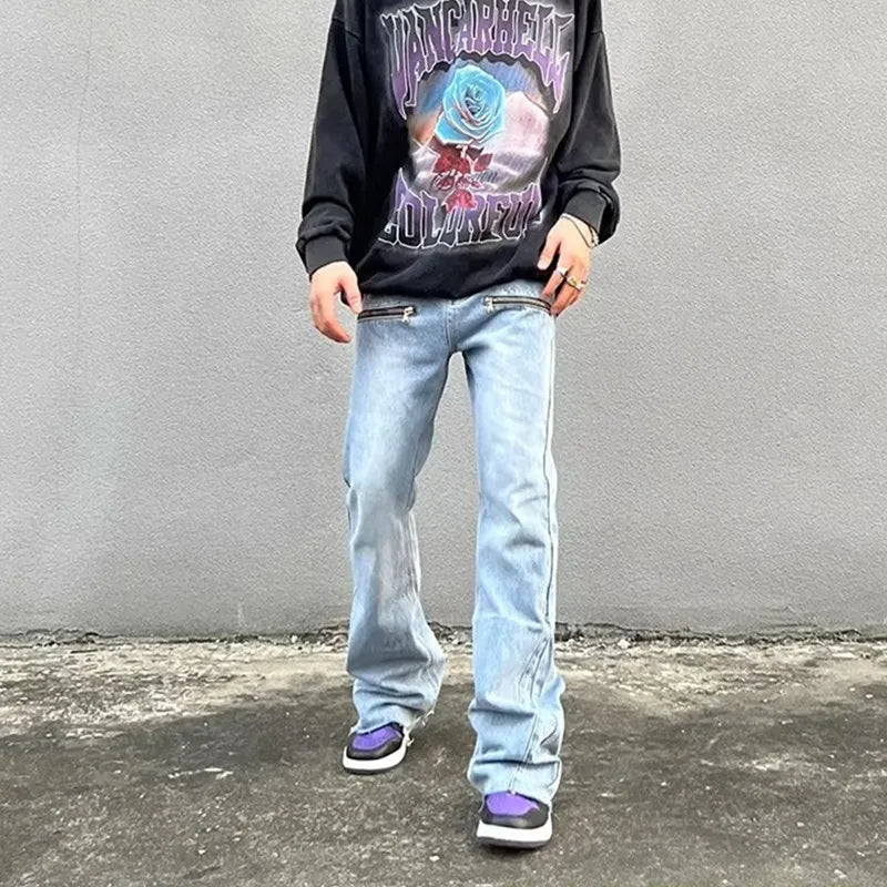 Jeans évasés baggy déFlexrétro pour hommes, pantalons en denim à jambes larges, streetwear Hip Hop, droit, fermeture éclair, mode Y2K, fjRopa zones bre, 2023