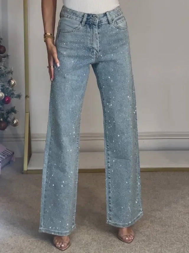 Jean droit pour femmes diamants pantalon Stretch taille haute lavé poches en détresse Vintage Denims Streetwear femme pantalon