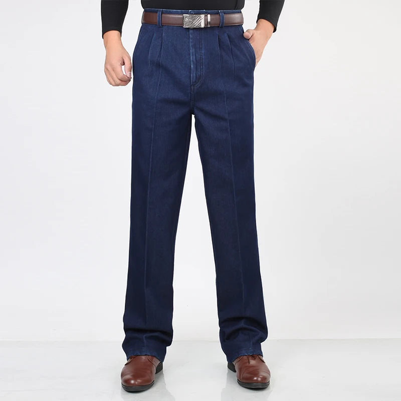 Jean en Denim taille haute pour hommes Double plissé automne printemps classique droit bleu jean hommes décontracté Broeken taille 30- 42 44 46