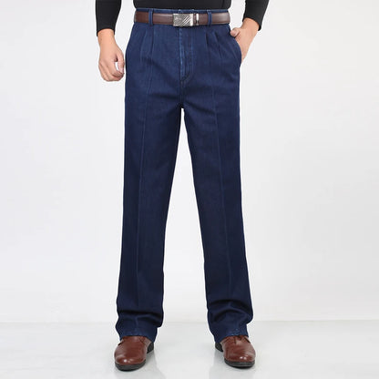 Jean en Denim taille haute pour hommes Double plissé automne printemps classique droit bleu jean hommes décontracté Broeken taille 30- 42 44 46