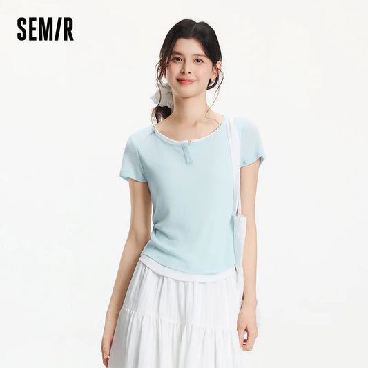 SEMIR-T-Shirt à Manches Courtes pour Femme, Pull Court, Élégant, Décontracté, Faux Deux Pièces, Slim Fit, Top Minimaliste, Nouvelle Collection Été 2025
