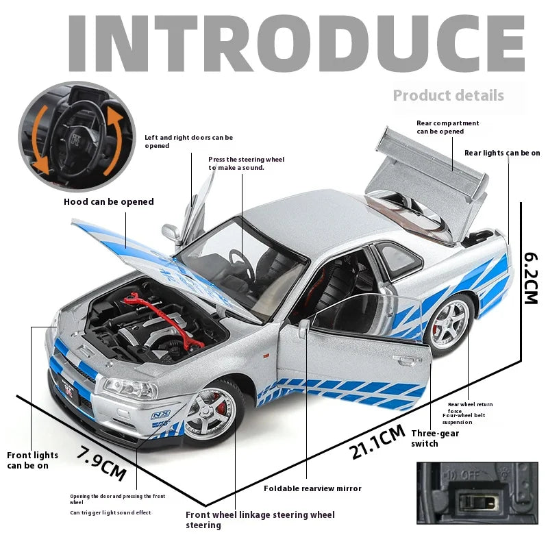 1:24 GTR R34 Skylin Diecast Modèle En Métal De Voiture Son Et Lumière Tirer Supercar Sport Racing Collection Loisirs Vacances Cadeau Garçon