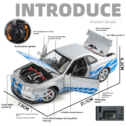 1:24 GTR R34 Skylin Diecast Modèle En Métal De Voiture Son Et Lumière Tirer Supercar Sport Racing Collection Loisirs Vacances Cadeau Garçon