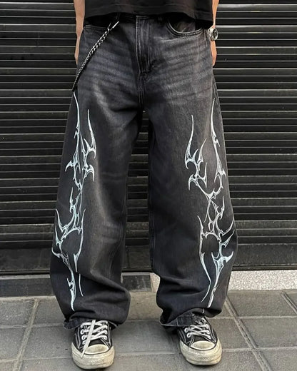 Pantalon Patch populaire avec motif d'épine imprimé, jean déchiré gothique Harajuku pour hommes et femmes, pantalon de rue taille haute Y2k à jambes larges