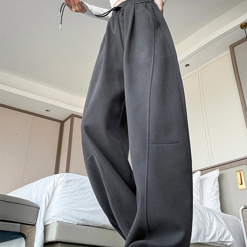 Cordon jambe large pantalons de sport femmes automne hiver doux solide poches pantalons de survêtement femme élastique taille haute pantalon femme