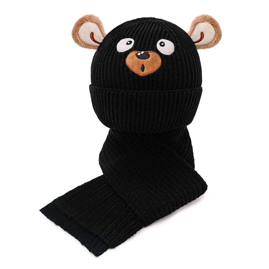 Ensemble chapeau et écharpe brodés ours pour enfants de 3 à 12 ans, mignon et polyvalent, adapté aux garçons et aux filles, automne et hiver, 2 pièces