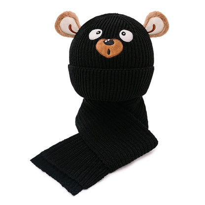 Ensemble chapeau et écharpe brodés ours pour enfants de 3 à 12 ans, mignon et polyvalent, adapté aux garçons et aux filles, automne et hiver, 2 pièces
