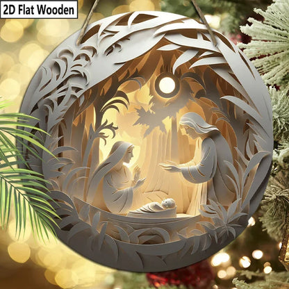 2D flat 1 Christian Christmas "Christmas Eve" circular wooden wall decoration, paper-cut effect pattern, festival decoration