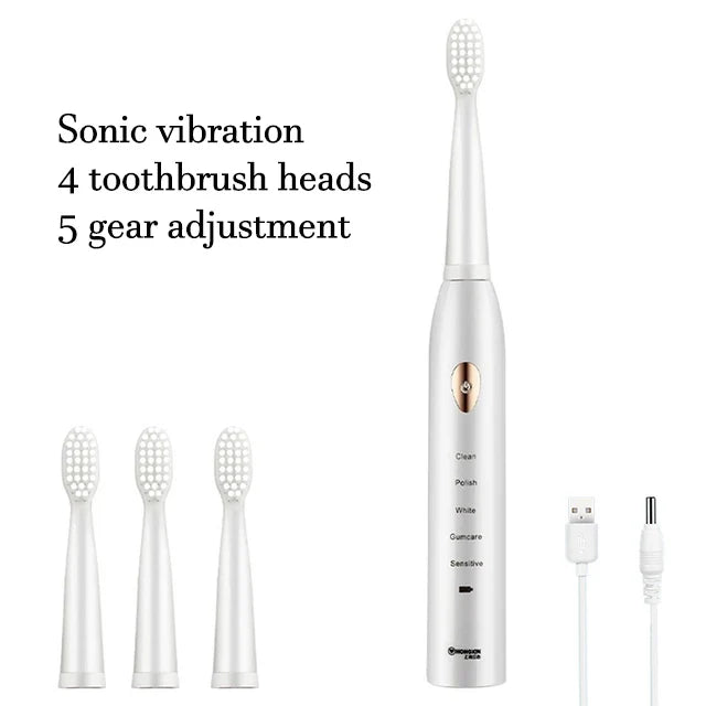 Brosse à dents électrique sonique, cheveux doux, étanche IPX7, Mode 5 vitesses, minuterie de blanchiment, chargement USB, pour adultes, 4 couleurs