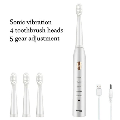 Brosse à dents électrique sonique, cheveux doux, étanche IPX7, Mode 5 vitesses, minuterie de blanchiment, chargement USB, pour adultes, 4 couleurs