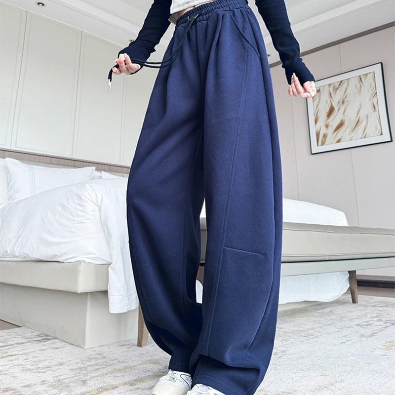 Cordon jambe large pantalons de sport femmes automne hiver doux solide poches pantalons de survêtement femme élastique taille haute pantalon femme