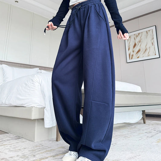 Cordon jambe large pantalons de sport femmes automne hiver doux solide poches pantalons de survêtement femme élastique taille haute pantalon femme