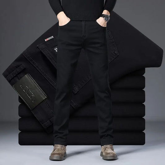 Nouveau Style jean noir hommes mince Style coréen confortable jambe droite élastique taille moyenne pantalon automne hiver pantalon Denim décontracté