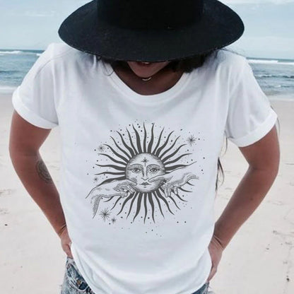 T-shirt à manches courtes pour femmes, style Boho, vintage, mains de soleil imprimées, été décontracté, hipster, mignon, esthétique, STRATravelling Y-