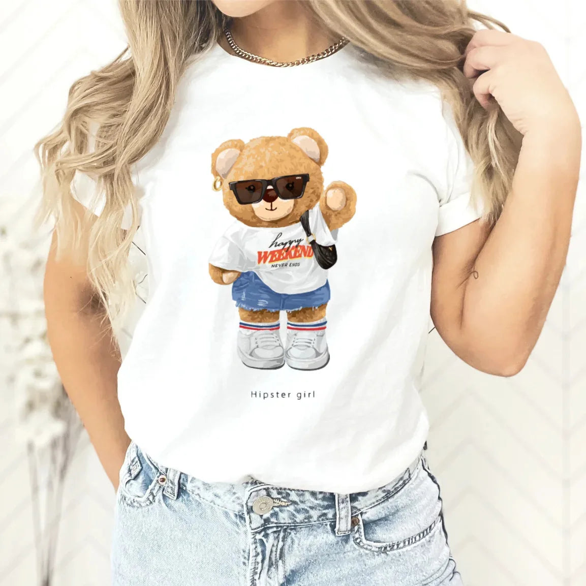 T-shirt imprimé ours en peluche pour femme, haut décontracté à col rond, t-shirts graphiques, vêtements d'été sympas