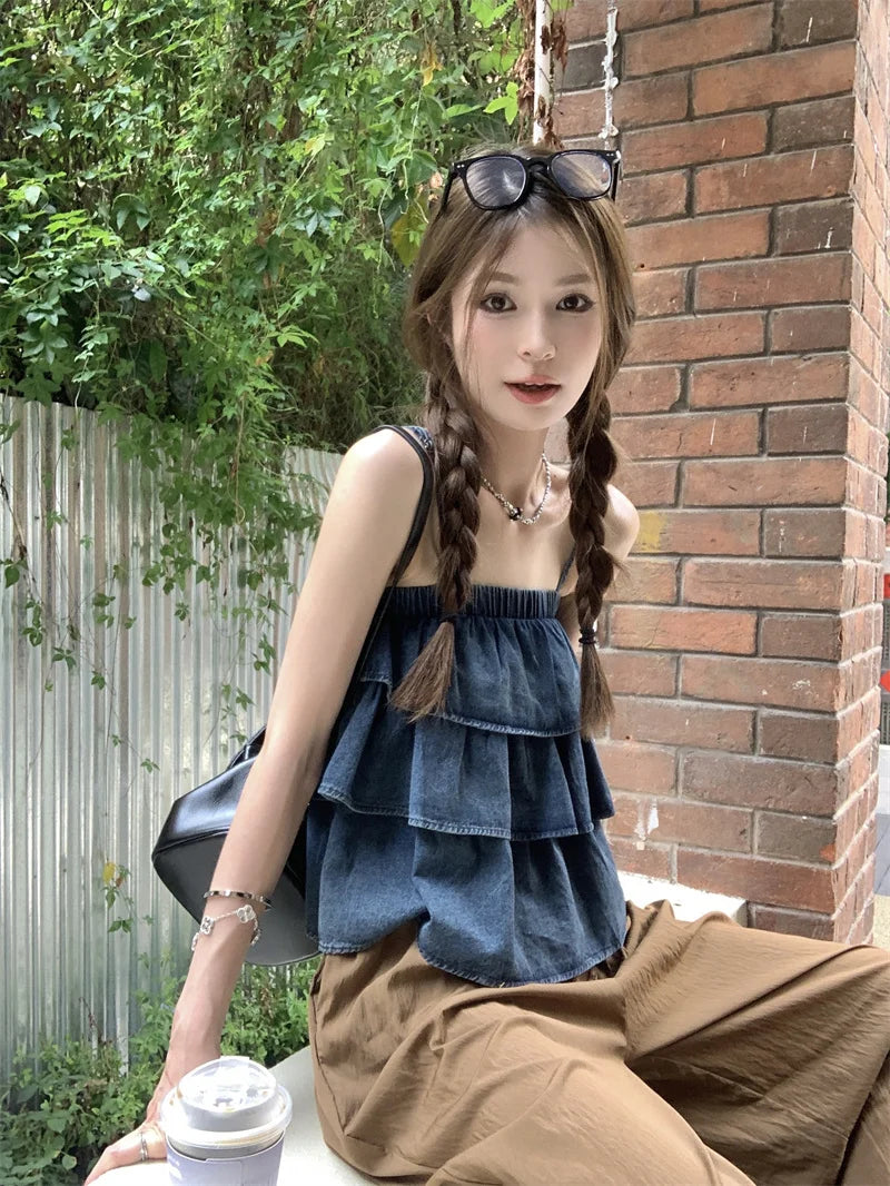 Camisole en Denim à Volants Superposés pour Femme, Streetwear, Couleur Unie, Vacances, Été