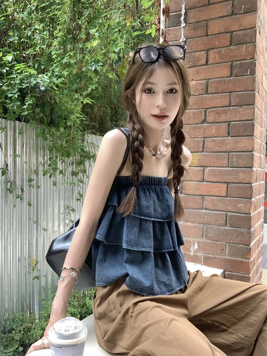 Camisole en Denim à Volants Superposés pour Femme, Streetwear, Couleur Unie, Vacances, Été